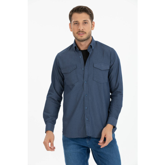 Varetta Mens Denim Blue Lycra Double Pocket Plain Classic Cut Long Sleeve Denim Shirt
