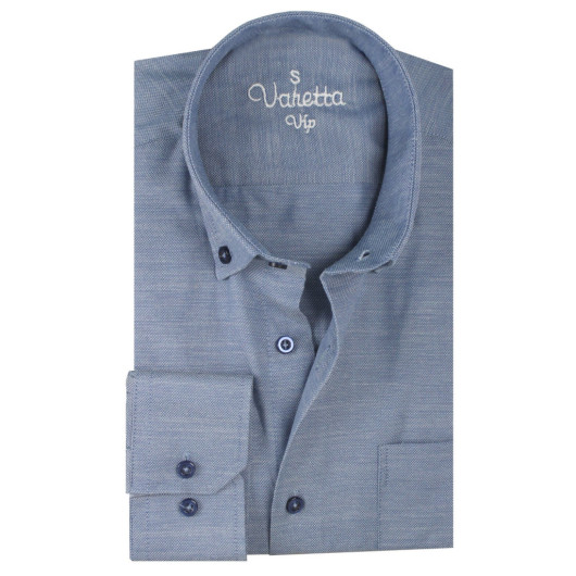 Varetta Mens Ashy Blue Plain Long Sleeve Cotton Linen Effect Collar Buttoned Shirt