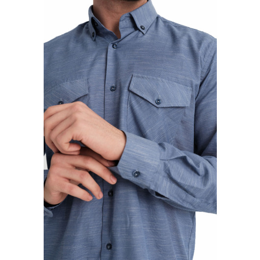 Varetta Mens Ashy Blue Flap Double Pocket Solid Color Long Sleeve Cotton Shirt