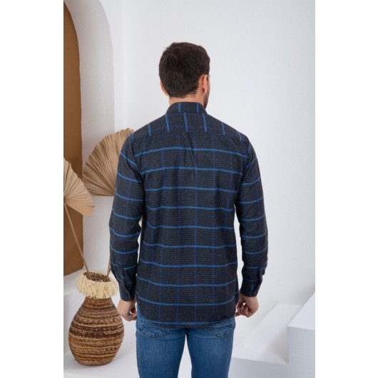 Varetta Mens Navy Blue Striped Winter Pocket Long Sleeve Classic Cut Shirt