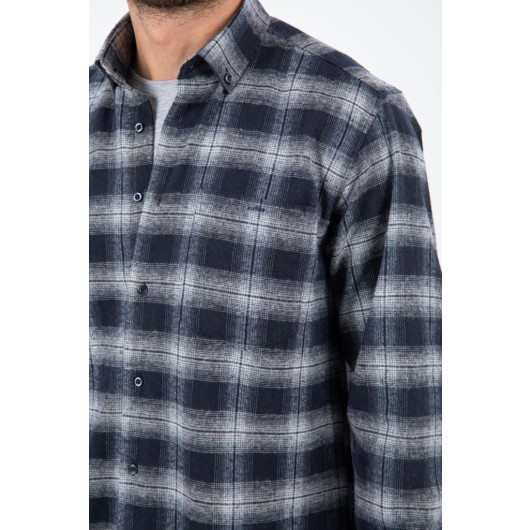 Varetta Mens Navy Blue Checkered Winter Pocketed Long Sleeve Classic Cut Shirt
