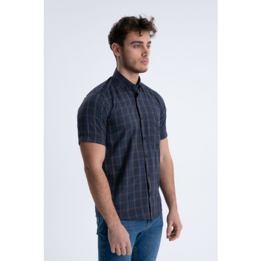 Varetta Mens Navy Blue Short Sleeve Checkered Summer Cotton Shirt