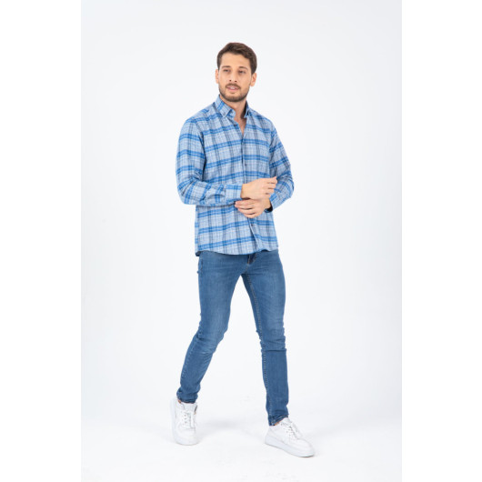 Varetta Mens Blue Striped Winter Pocket Long Sleeve Classic Cut Shirt
