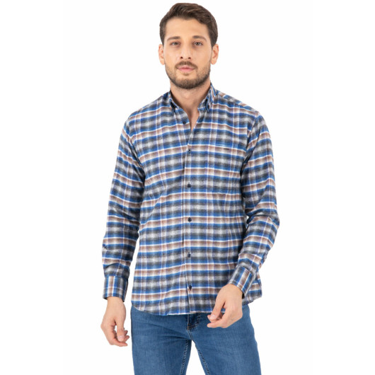 Varetta Mens Blue Striped Winter Pocket Long Sleeve Classic Cut Shirt