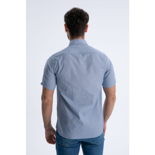 Varetta Mens Blue Checkered Double Pocket Summer Short Sleeve Shirt