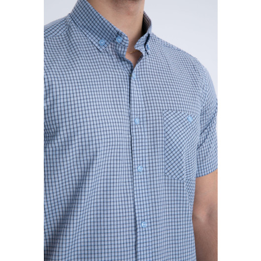 Varetta Mens Blue Checkered Double Pocket Summer Short Sleeve Shirt