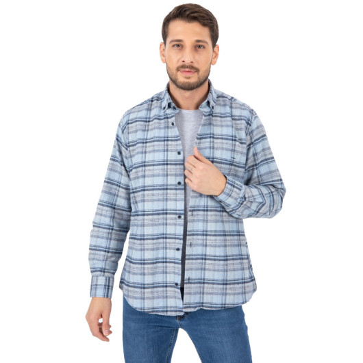Varetta Mens Blue Checkered Winter Pocketed Long Sleeve Classic Cut Shirt