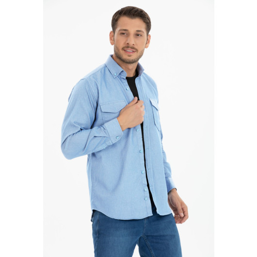 Varetta Mens Blue Lycra Double Pocket Long Sleeve Denim Shirt