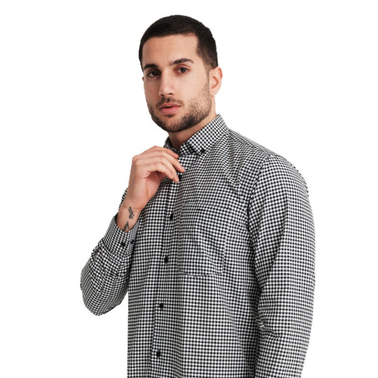 Varetta Men's Black Checkered Pocket Long Sleeve Shirt