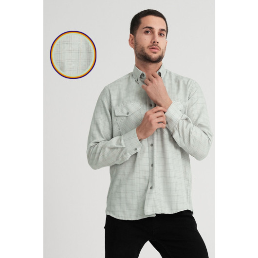 Varetta Mens Green Flap Double Pocket Long Sleeve Checked Linen Effect Shirt