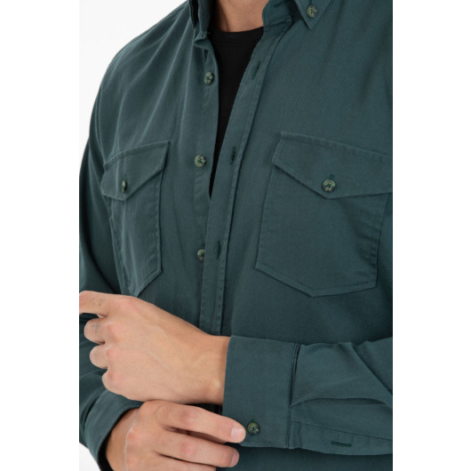 Varetta Mens Green Lycra Double Pocket Classic Cut Plain Long Sleeve Denim Shirt