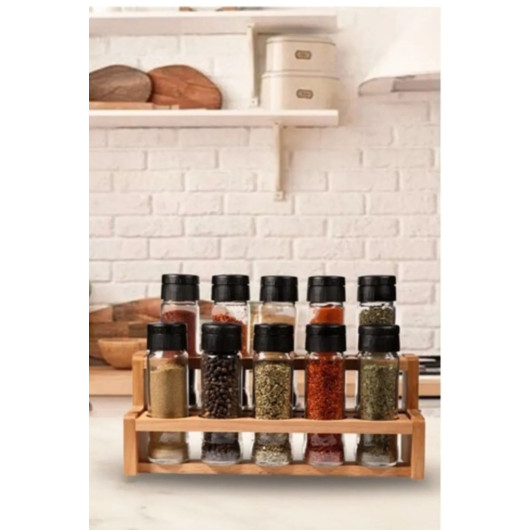 11 Piece Glass Spice Set With Wooden Stand And Ladder Spice Rack