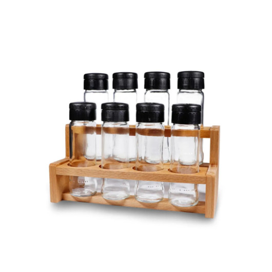9 Piece Glass Spice Set With Wooden Stand And Ladder Spice Rack