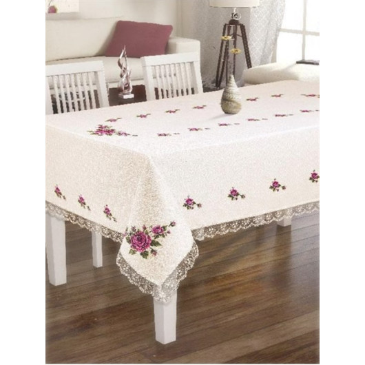 Cross Stitch Printed Laced Tablecloth Pink