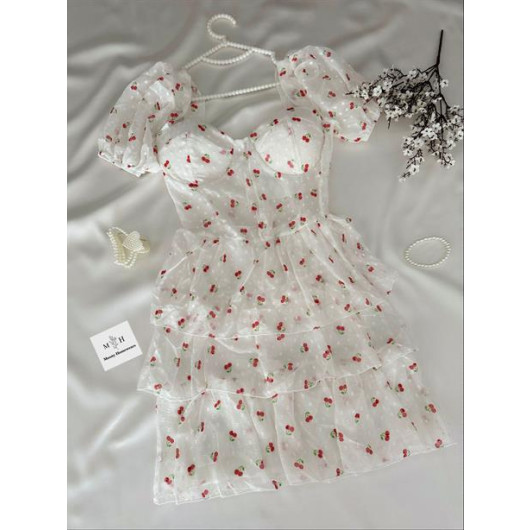 Women Short Sleeved Dress Decorated With A Cherry Drawing