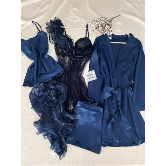 Women Lingerie Set Decorated With Navy Blue Lace
