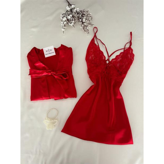 Women Red Lingerie Decorated With Lace