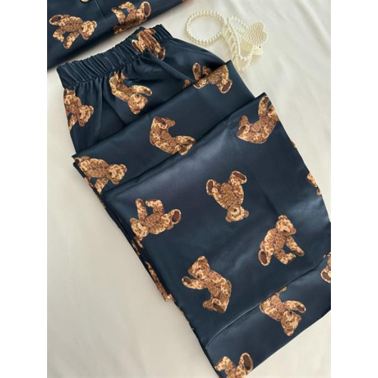 Women Satin Set Decorated With A Teddy Bear Drawing