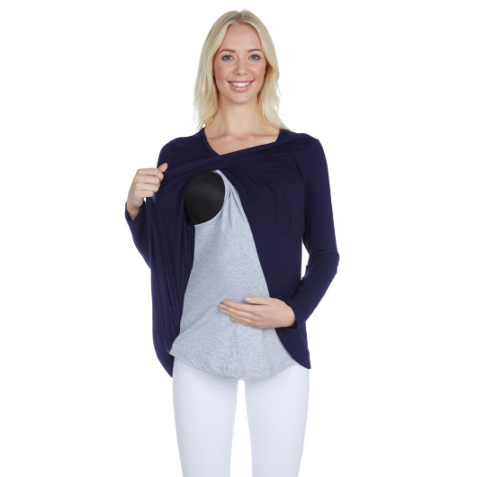 Navy Blue Cotton Viscose Maternity Long Sleeve Breastfeeding Blouse