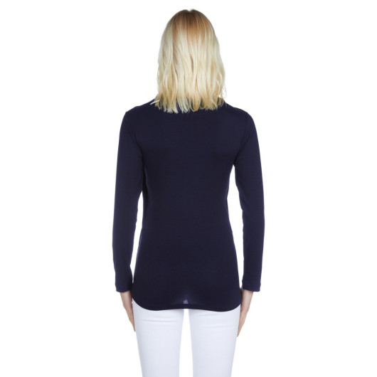 Navy Blue Cotton Viscose Maternity Long Sleeve Breastfeeding Blouse