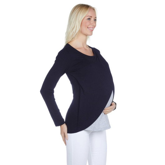 Navy Blue Cotton Viscose Maternity Long Sleeve Breastfeeding Blouse