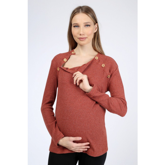 Top Buttoned Breastfeeding Maternity Knitwear Blouse Tile