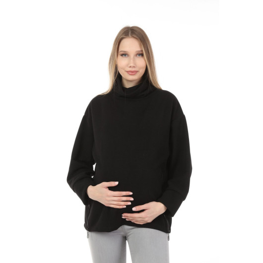 Zippered Maternity Sweatshirt Black