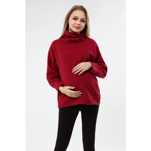 Zippered Maternity Sweatshirt Claret Red