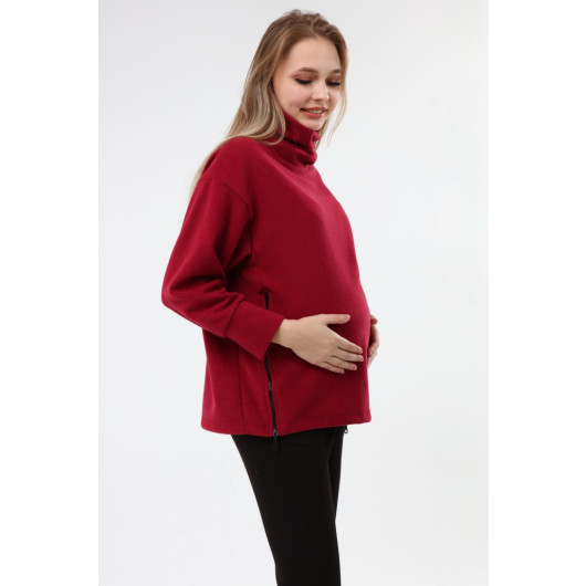 Zippered Maternity Sweatshirt Claret Red