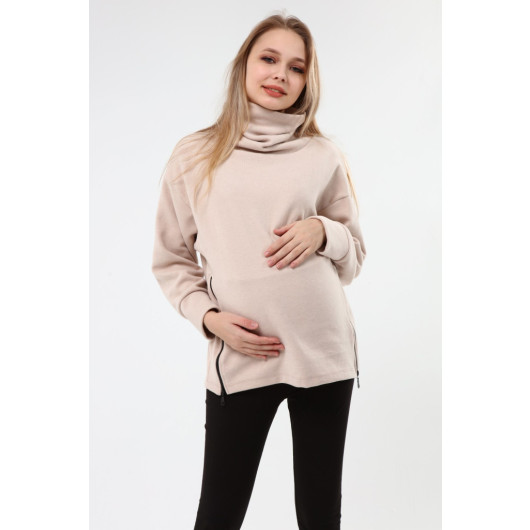 Zippered Maternity Sweatshirt Beige