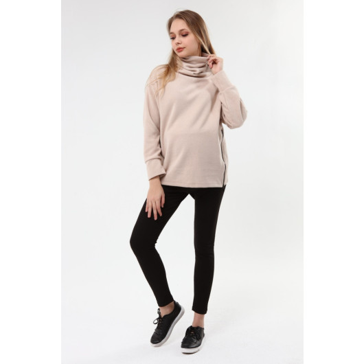 Zippered Maternity Sweatshirt Beige