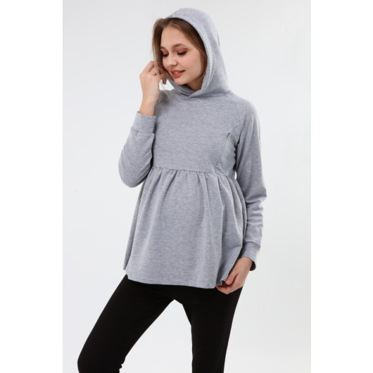 Drawstring Zippered Breastfeeding Sweatshirt Gray