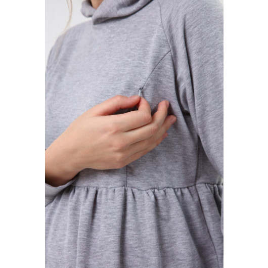 Drawstring Zippered Breastfeeding Sweatshirt Gray