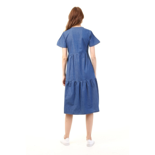Blue Maternity Dress With Denim Buttons And Pockets