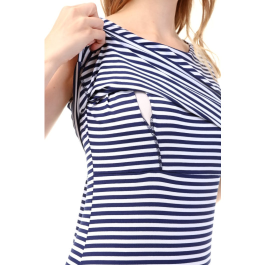 Nursing Dress Sleeveless Slit Striped Navy Blue