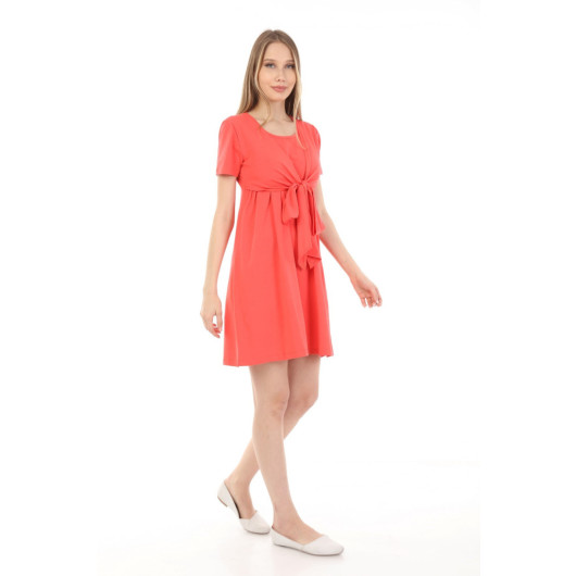 Elegant Dress Suitable For Breastfeeding With Bow, Salmon