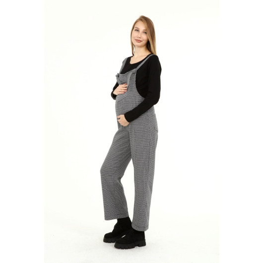 Winter Long Houndstooth Pattern Maternity Salopet Gray