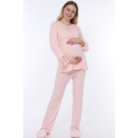 Lace Buttoned Flap Maternity Pajama Set Pink