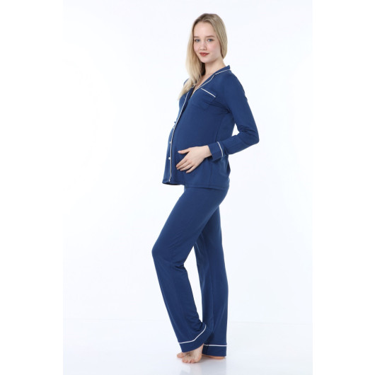 Buttoned Pijama Maternity Pajama Set Indigo