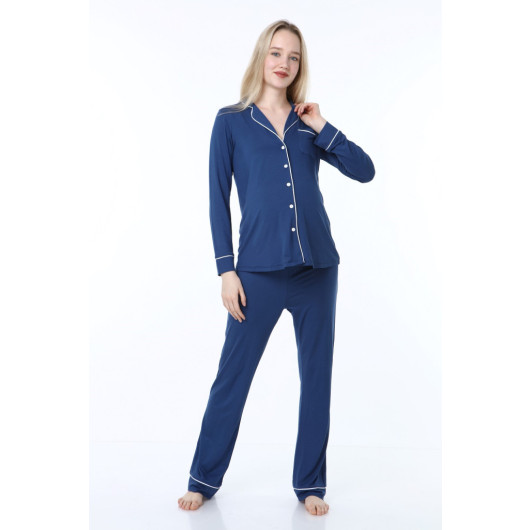 Buttoned Pijama Maternity Pajama Set Indigo