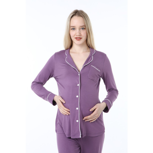 Buttoned Pijama Maternity Pajama Set Purple