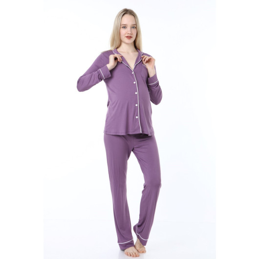 Buttoned Pijama Maternity Pajama Set Purple