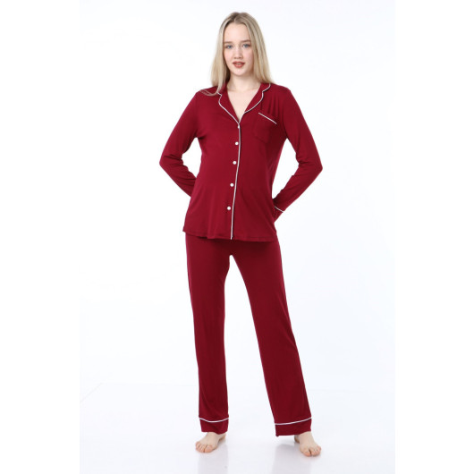 Buttoned Pijama Maternity Pajama Set Claret Red