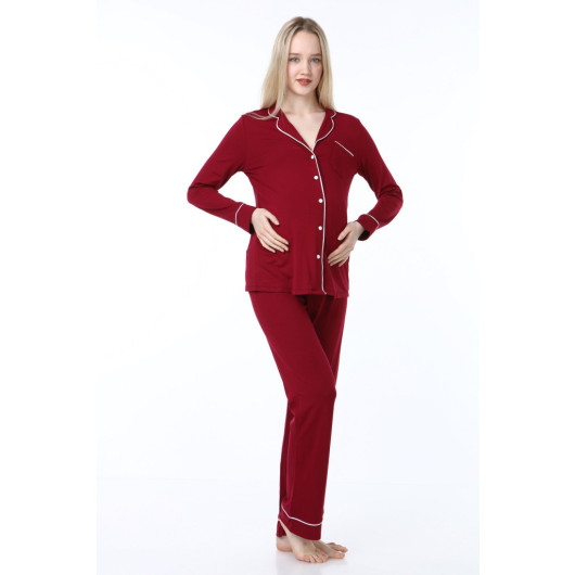 Buttoned Pijama Maternity Pajama Set Claret Red