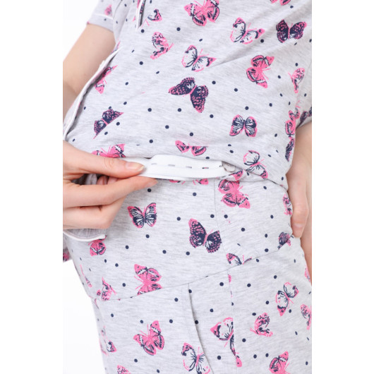 Buttoned Pijama Maternity Shorts Pajama Set Butterfly