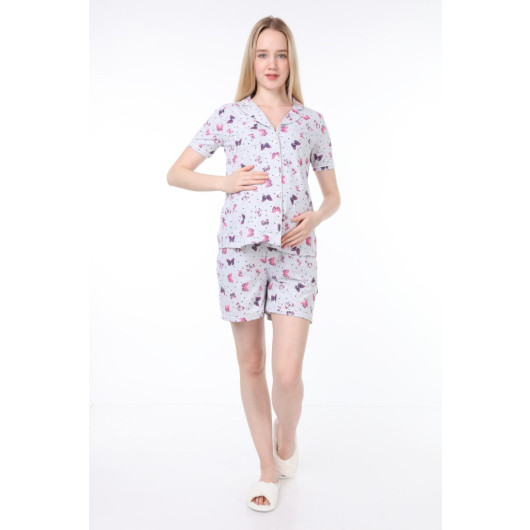 Buttoned Pijama Maternity Shorts Pajama Set Butterfly
