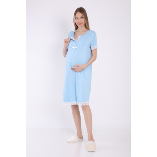 Front Snap Lace Maternity Nightgown Blue