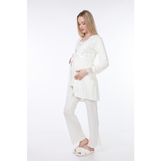 Lace Maternity Pajama Set With Dressing Gown Ecru