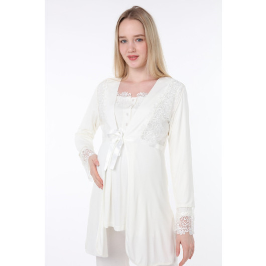 Lace Maternity Pajama Set With Dressing Gown Ecru