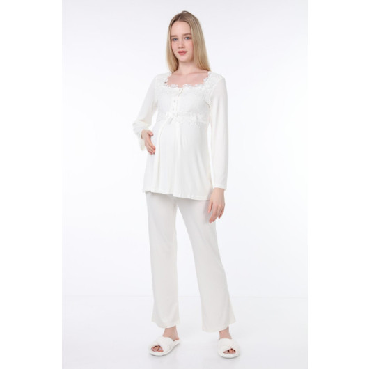 Lace Maternity Pajama Set With Dressing Gown Ecru
